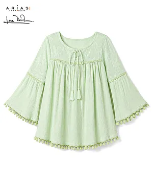 Arias 100% Cotton Woven Top Bell Sleeve, Palm Trees Embroidery in Lime Green