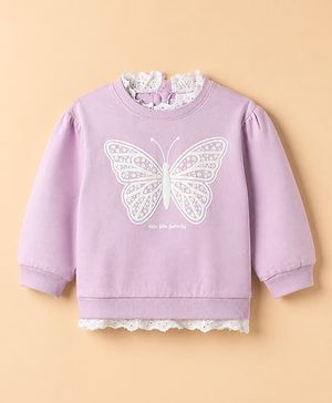 Babyhug 100% Cotton Knit Sweatshirt with Full Sleeves, Puffed Sleeves and Butterfly Print in Lilac