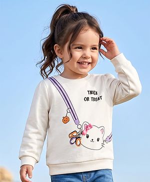 Babyhug 100% Cotton Knit Sweatshirt with Full Sleeves and Trick Or Treat Print in Off-White for 6-9 Months