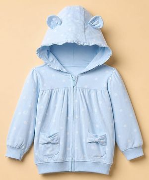 Babyhug 100% Cotton Knit Front Open Heavy Gauge Sweatshirt with Full Sleeves and Polka Dots Print - Light Blue