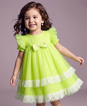 Babyhug Solid Mesh Woven and Lace Puff Sleeves Party Dress with  Bow Applique - Green