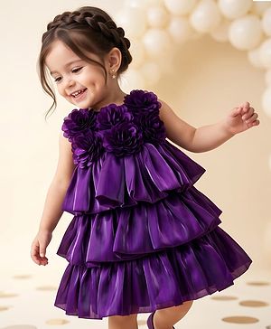Babyhug Solid Organza Woven and Sleeveless Party Dress with Floral Applique - Purple