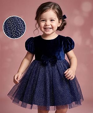 Babyhug Woven Solid Velour York and Foil Printed Mesh Half Puff Sleeves Party Dress with Corsage Bow - Navy Blue
