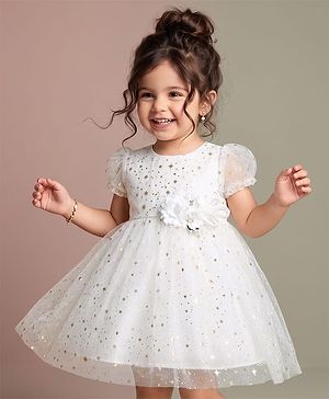 Babyhug Mesh Woven Foil Printed and Puff Sleeves Party Dress with Corsage  - White
