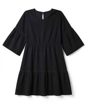 Pine Kids Cotton Woven Half Sleeves Knee Length Solid Frock - Black