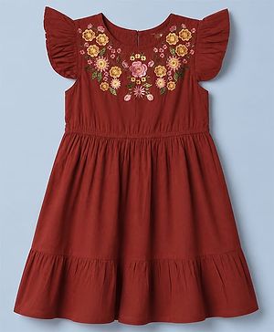Pine Kids Woven Dress with Half Sleeves, Flutter Sleeves and Floral Embroidery in Red for 4-5 Years