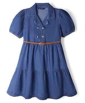 Pine Kids 100% Cotton Woven Half Puffed Sleeves Collared Denim Tiered Frock with Belt - Navy Blue