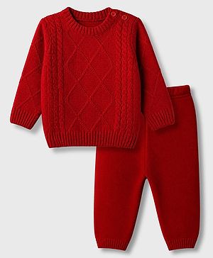 Babyhug Knit Full Sleeves Sweater and Pant Set with Cable Knit - Red