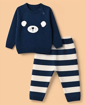 Babyhug Knit Full Sleeves Sweater Set with Full Length and Bear Applique in Navy Blue
