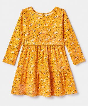 Pine Kids 100% Cotton Knit Full Sleeves Fit & Flare Tiered Dress with Belt and Floral Print - Orange