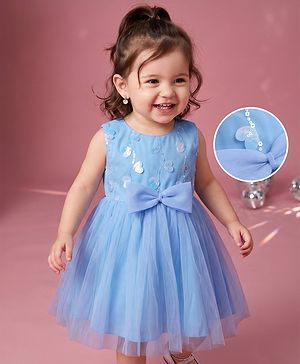 Babyhug Solid Mesh Woven Sequined Embroidery Sleeveless Party Dress with Bow Applique - Blue