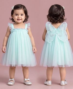 Babyhug Solid Mesh Woven Sleeveless Party Dress With Sequins Embroidered Applique Butterfly at Back  - Mint
