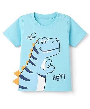 Babyhug 100% Cotton Knit T-Shirt with Half Sleeves and Dinosaur Print - Sky Blue
