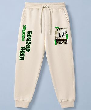 Pine Kids Cotton Mix Knit Full Length Track Pant with Basketball Text in Ivory