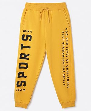 Pine Kids Cotton Knit Full Length Jogger Fit Lounge Pant with Slogan Print in Yellow