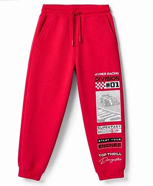 Pine Kids Cotton Mixes Knit Full Length Lounge Pant with Hyper Racing Division Text Print - Red