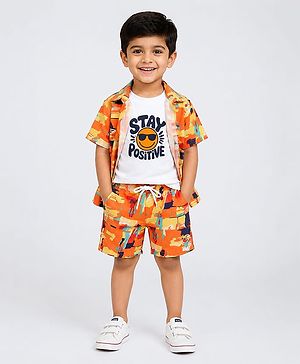 Ministitch Cotton Blend Woven Half Sleeves Abstract Printed Shirt With Smiley Print On Tshirt - Orange