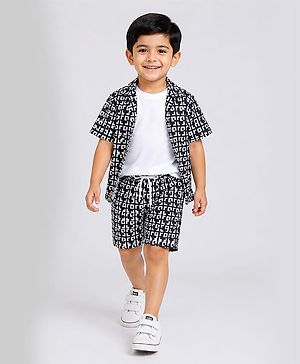 Ministitch Cotton Blend Woven Half Sleeves Geometric Abstrcat Printed Shirt And Shorts With Solid Tshirt - Black