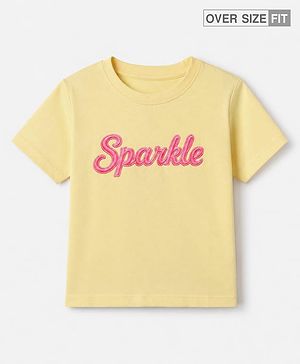 Pine Kids 100% Cotton Knit Oversized T-Shirt with Half Sleeves and Sparkle Embroidery in Yellow for 4-5 Years
