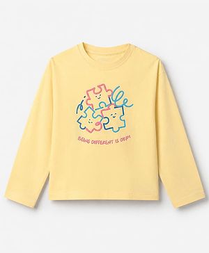 Pine Kids 100% Cotton Knit T-Shirt With Full Sleeves and Puzzle Print in Yellow