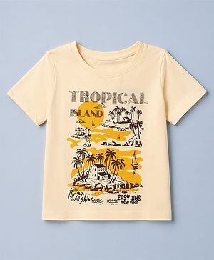 Pine Kids 100% Cotton Knit T-Shirt with Half Sleeves and Island Landscape Print - Peach