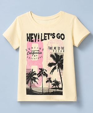 Pine Kids 100% Cotton Knit T-Shirt with Half Sleeves and Palm Trees and Beach Print in Beige