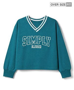 Pine Kids 100% Cotton Knit Full Sleeves T-Shirts with Simply Blessed Print - Teal Blue