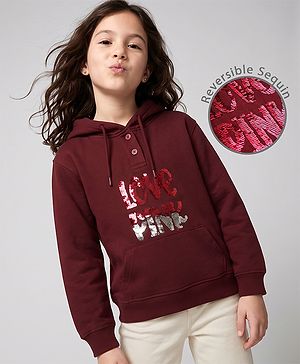 Pine Kids 100% Cotton Knit Full Sleeves Hooded Sweatshirt With Love Sequins - Wine