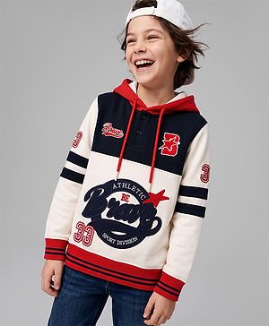 Pine Kids Cotton Knit Sweatshirt with Full Sleeves and Athletic Text Print - White