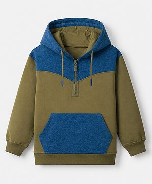 Pine Kids 100% Cotton Knit Full Sleeves Hooded Sweatshirt with Zipper in Olive Green