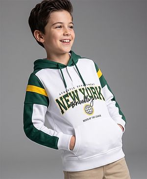 Pine Kids Cotton Knit Hooded Sweatshirt with Full Sleeves and New York Text Print - White