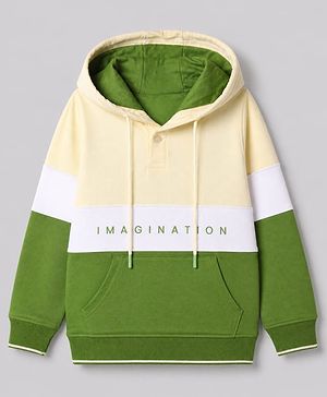 Pine Kids 100% Cotton Knit Hooded Sweatshirt with Full Sleeves and Imagination Text Print - Olive Green