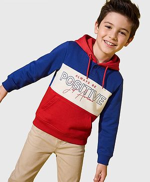 Pine Kids Cotton Knit Color Block Hooded Sweatshirt with Full Sleeves and Positive Text Print - Red