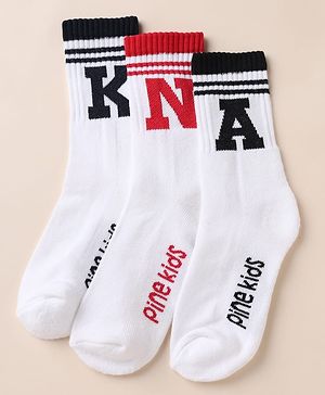 Pine Kids Cotton Mix Knit Below knee length Socks with Alphabet Print in White & Black Pack of 3