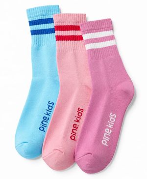 Pine Kids Cotton Knit Socks With Text Design Pack Of 3 -Pink Lavender & Blue