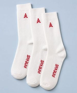 Pine Kids Cotton Knit Socks With Tree Embroidery Pack Of 3 -White