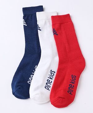 Pine Kids Cotton Mix Knit Below knee length Socks with Pine Kids Text in White Blue & Red Pack of 3