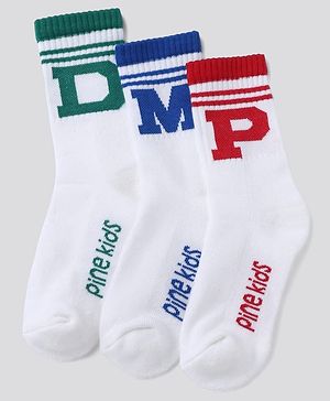 Pine Kids Cotton Mix Knit Mid Calf Socks With Text Design Pack of 3 - White