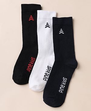 Pine Kids Cotton Mix Knit Below Knee Length Socks With Text Design Pack of 3 - Black White