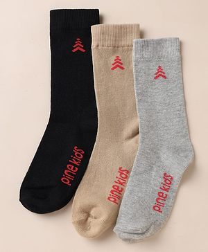 Pine Kids Knit Below Knee Length Socks With Text Design Pack of 3 - Brown Black Grey