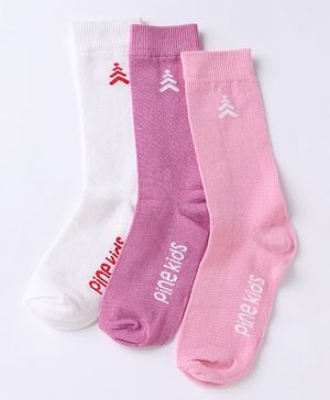 Pine Kids Cotton Mix Knit Below knee length Socks with Pine Kids Text in White & Pink Pack of 3