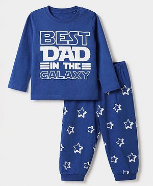 Babyhug Cotton Knit Full Sleeves T-Shirt & Pajama Night Suit with Best Dad in The Galaxy Text & Stars Print - Navy Blue