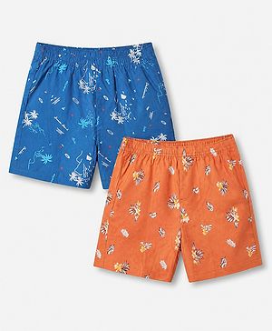Pine Kids 100% Cotton Cambric Woven Boxers with Beach Theme & Leaf Print Pack of 2 - Blue & Orange
