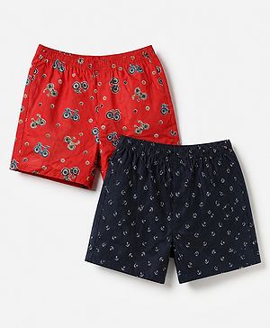 Pine Kids 100% Cotton Cambric Woven Boxers with Anchor & Bicycle Print Pack of 2 - Red & Black