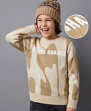 Pine Kids Knit Full Sleeves Pullover with Text & Abstract Design - Beige