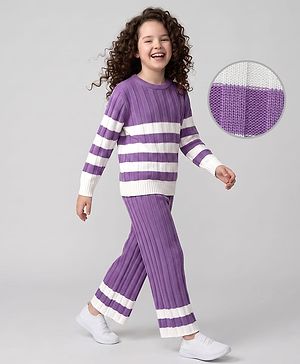 Pine Kids Knit Full Sleeves Striped Sweater Set - Purple