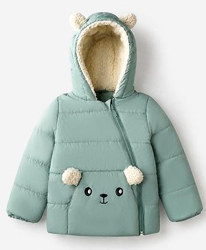 Babyhug Woven Padded/Quilted/ Winter Jacket with Full Sleeves and Bear Print - Mint
