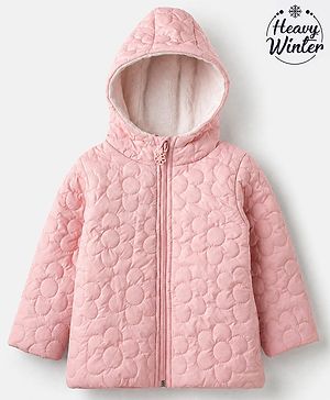 Babyhug Woven Hooded Padded Winter Jacket with Full Sleeves and Floral Embroidery in Baby Pink