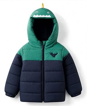 Babyhug Woven Padded Hooded Winter Jacket with Full Sleeves and Dinosaur Applique in Navy Blue