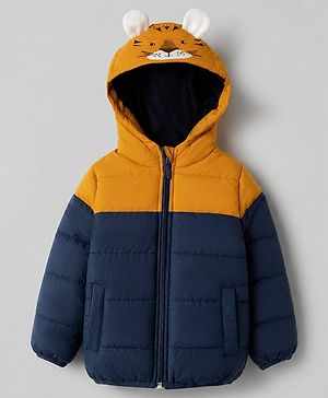 Babyhug Woven Hooded Padded Winter Jacket with Full Sleeves and Tiger Applique - Yellow & Navy Blue